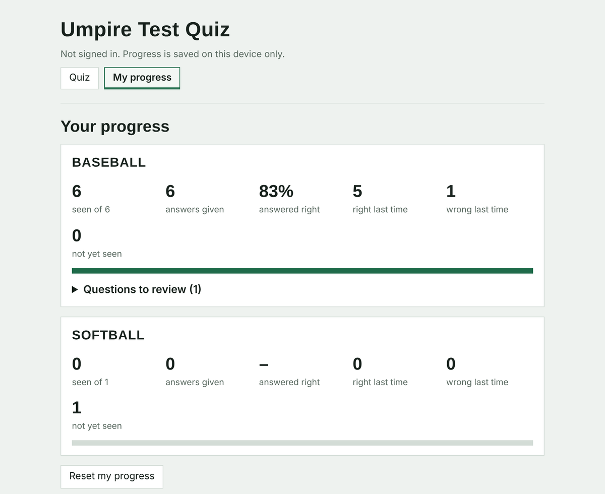 The My progress view, with questions seen, percent right, and a review list for baseball and softball.