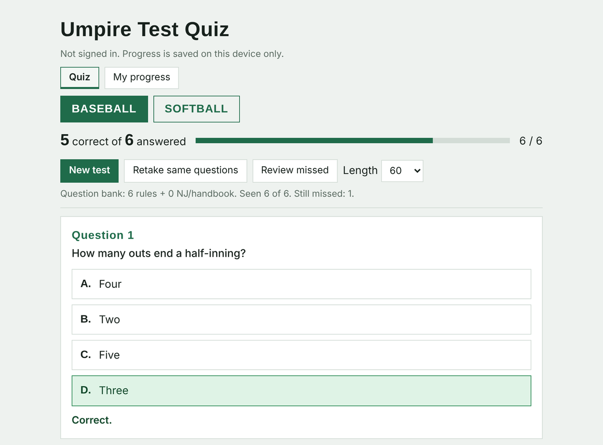 The quiz showing answered questions, with the correct choice highlighted green and a running score.